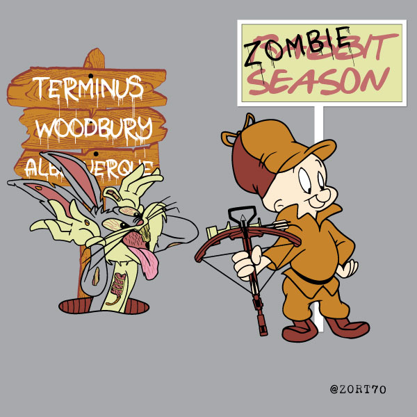 Shh be very very quiet I'm hunting Zombies. A Bugs Bunny / elmer Fudd / Walking Dead mash up t-shirt design